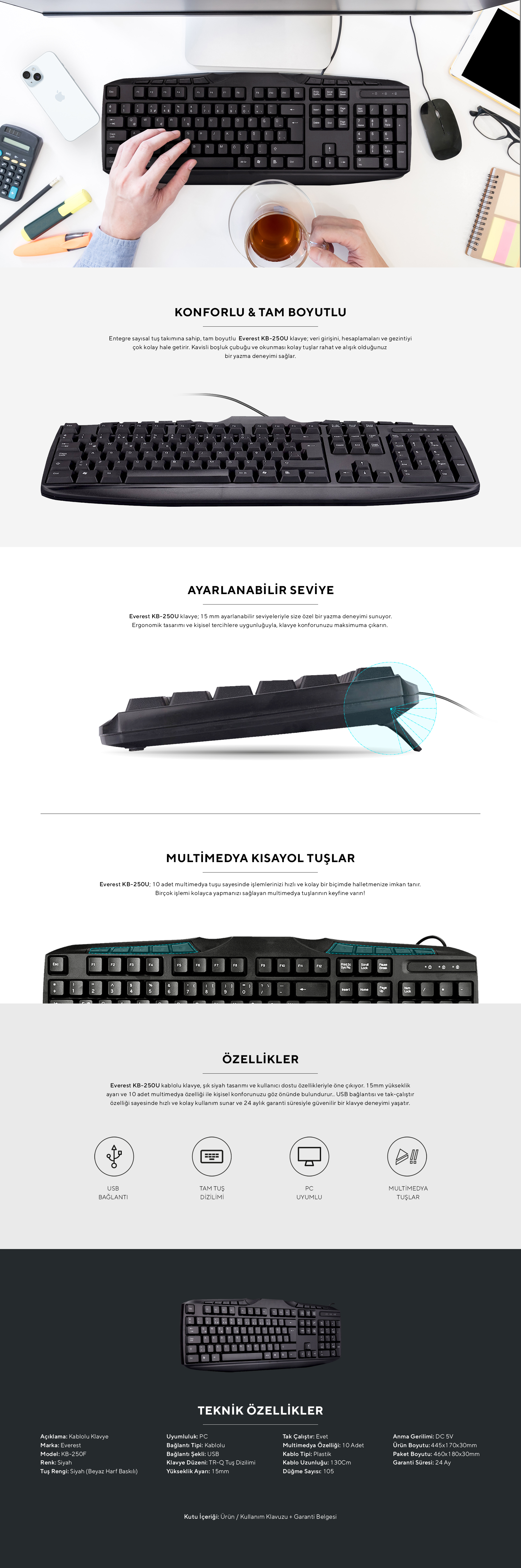 Everest KB-250U Siyah USB Q Multimedia Klavye - Bütünü Oluşturan